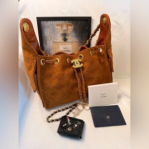 Brown Suede Shoulder Bag with Gold Chain